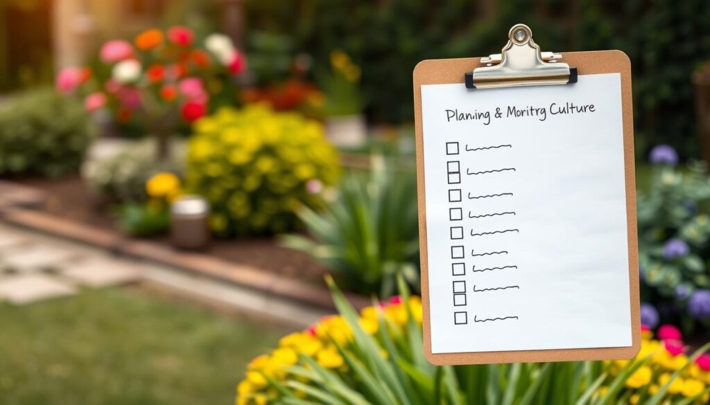 A clipboard with a checklist and a garden in the background, representing culture change planning