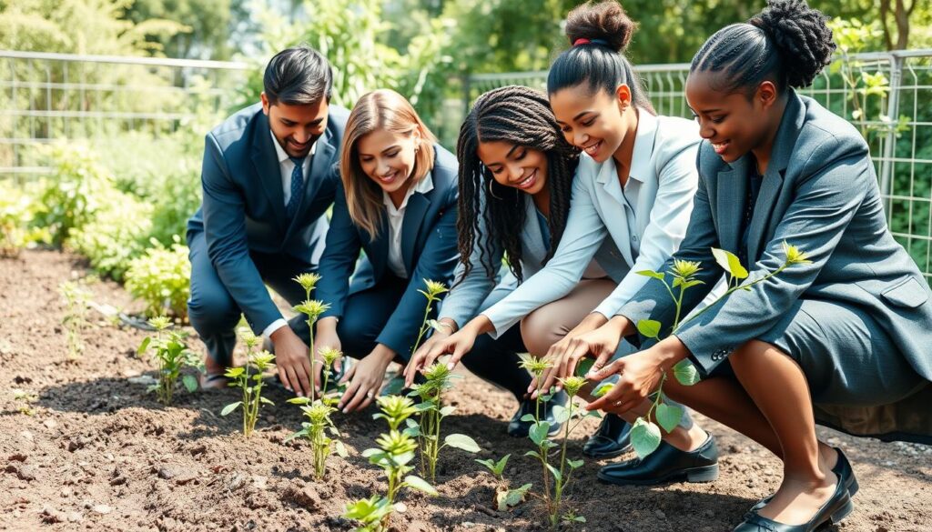 A diverse group of leaders working together in a garden setting, symbolizing collaborative culture cultivation