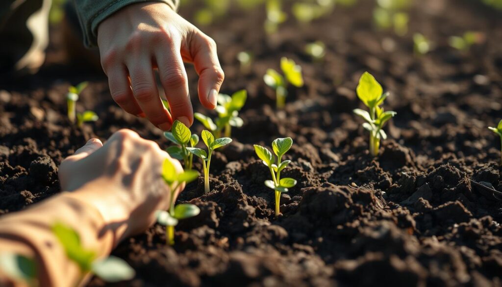 A farmer carefully tending to young plants in rich soil, symbolizing organizational culture change as cultivation