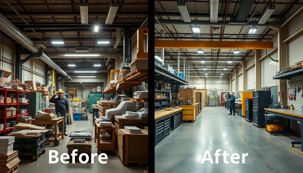 Before and after comparison of a transformed manufacturing workspace, showing improved safety measures