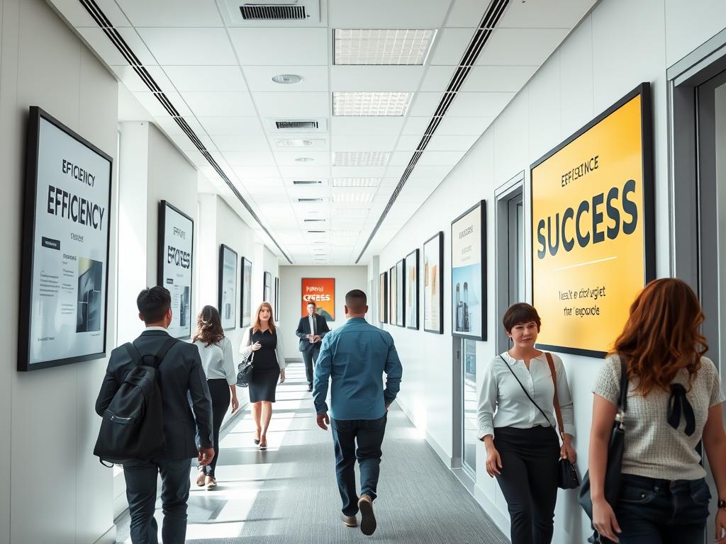Office wall with motivational posters about efficiency and success that employees are walking past without noticing