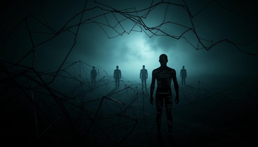 A dimly lit, distorted landscape where algorithms take on physical form, casting long, twisted shadows that warp and obscure the truth. In the foreground, a tangled web of lines and shapes representing biased data inputs, their intersections casting kaleidoscopic patterns of light and shadow. In the middle ground, humanoid figures made of glitching code and garbled signals, their features indistinct and constantly shifting. The background is shrouded in a hazy, unsettling atmosphere, hinting at the unseen complexities and hidden biases that lurk within the machine learning processes. The overall scene conveys a sense of unease, complexity, and the unseen forces that can shape the outputs of AI systems.