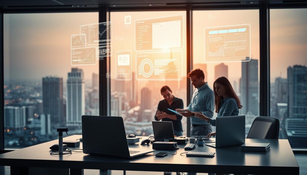 A sleek, minimalist office interior with large windows overlooking a bustling city skyline. In the foreground, a desk with a high-end laptop and various digital devices, conveying the advanced technology powering natural language processing software solutions. Floating holographic interfaces and data visualizations hover above the desk, showcasing the cutting-edge capabilities of NLP. The middle ground features a team of data scientists and engineers collaborating on complex NLP projects, their expressions focused and determined. The background is bathed in a warm, ambient lighting that creates a sense of innovation and productivity. The overall scene conveys the powerful, transformative nature of modern NLP software solutions.