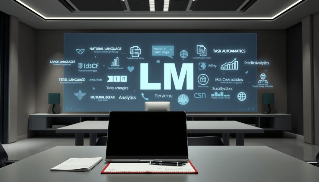 A sleek, modern office setting with a large display showcasing various applications of large language model (LLM) AI technology. In the foreground, a desk with a state-of-the-art laptop and a pen-and-paper notepad, symbolizing the seamless integration of human and machine intelligence. The middle ground features holographic projections of diverse LLM use cases, such as natural language processing, task automation, and predictive analytics. The background is filled with a minimalist, high-tech ambiance, with clean lines, muted colors, and subtle lighting that creates a sense of innovation and transformation.
