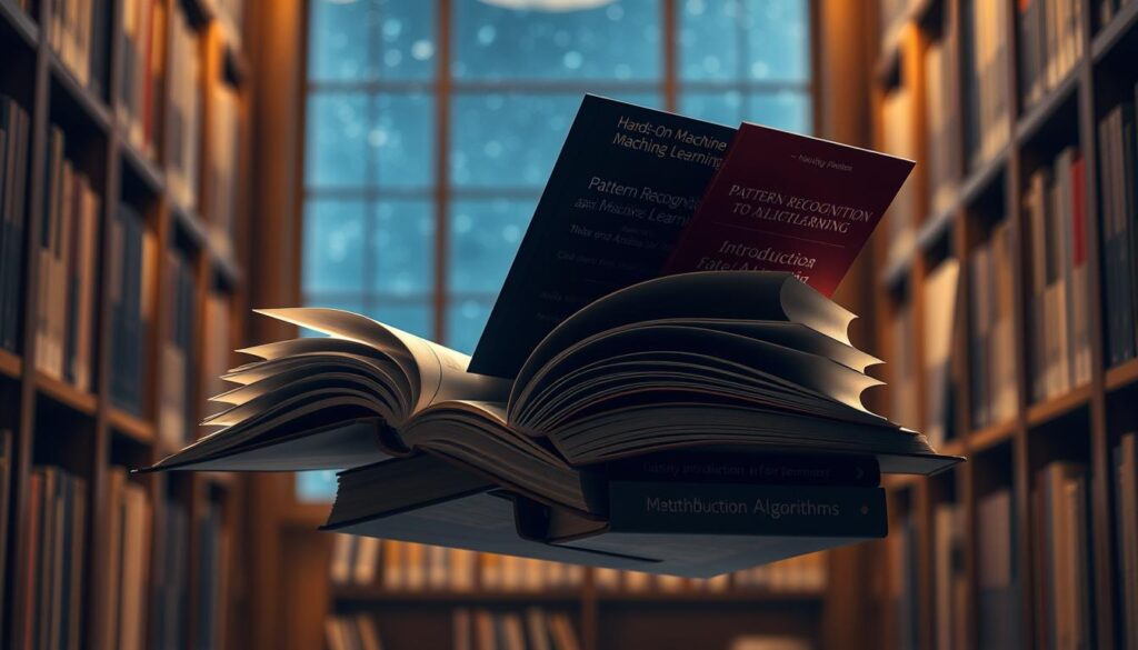 A stack of open books floating in a dimly lit, academic library setting. The books have titles and covers related to machine learning algorithms, such as "Hands-On Machine Learning", "Pattern Recognition and Machine Learning", and "Introduction to Algorithms". Soft, warm lighting illuminates the books, creating a cozy, contemplative atmosphere. The background features wooden bookshelves, a large window providing a glimpse of a starry night sky, and a subtle sense of depth and perspective. The overall composition conveys a sense of knowledge, discovery, and the power of machine learning algorithms.