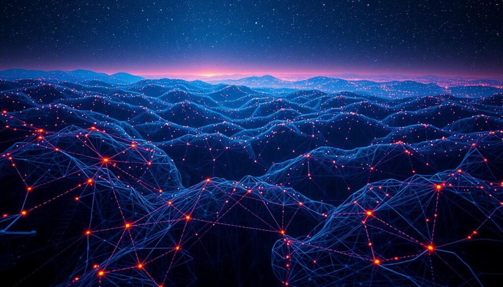 A vast neural network landscape, with intricate layers of interconnected nodes and pathways. In the foreground, a detailed close-up of a convolutional neural network, its filters and pooling operations visible in a vibrant, neon-infused display. The middle ground features a panoramic view of the network's inner workings, with data flowing seamlessly through a labyrinth of hidden layers. In the background, a starry sky backdrop, hinting at the boundless potential of this revolutionary technology. Crisp, high-resolution details, with a cinematic, futuristic atmosphere that captures the awe-inspiring nature of deep learning image recognition.