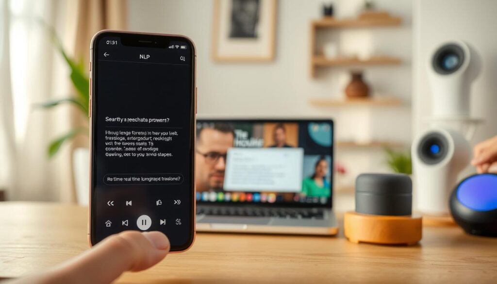 A vibrant scene of everyday NLP applications, captured through a wide-angle lens with soft, natural lighting. In the foreground, a smartphone screen displays a voice assistant transcribing a user's speech. In the middle ground, a laptop showcases a real-time translation app, while in the background, a smart home device responds to a voice command. The overall atmosphere is one of seamless integration, where natural language processing powers a variety of intuitive, user-friendly technologies that have become an integral part of modern life.