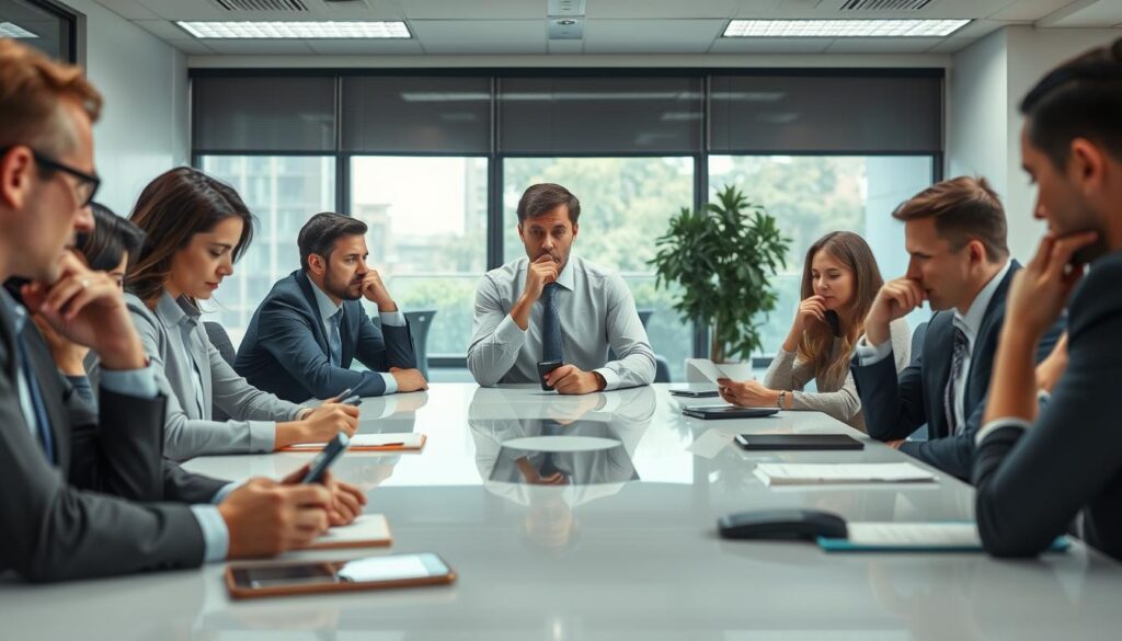 Business professionals in a meeting showing signs of disconnection and misalignment Business professionals in a meeting showing signs of disconnection and misalignment