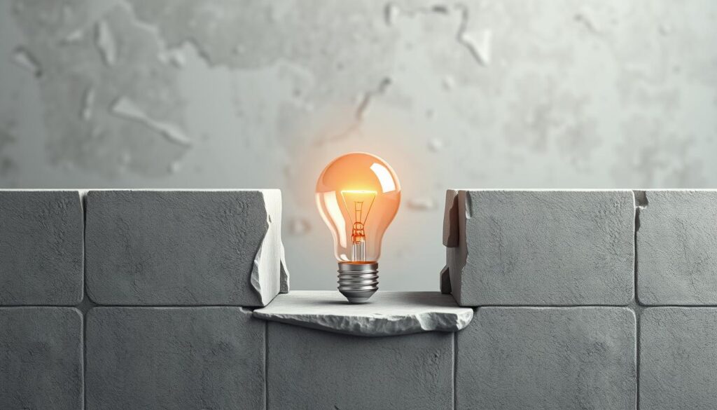 Innovation concept showing lightbulb breaking through barriers