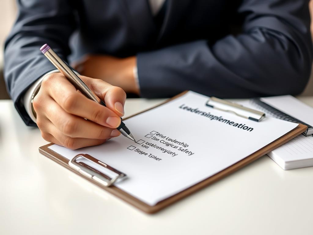 Person checking items on a leadership implementation checklist Person checking items on a leadership implementation checklist