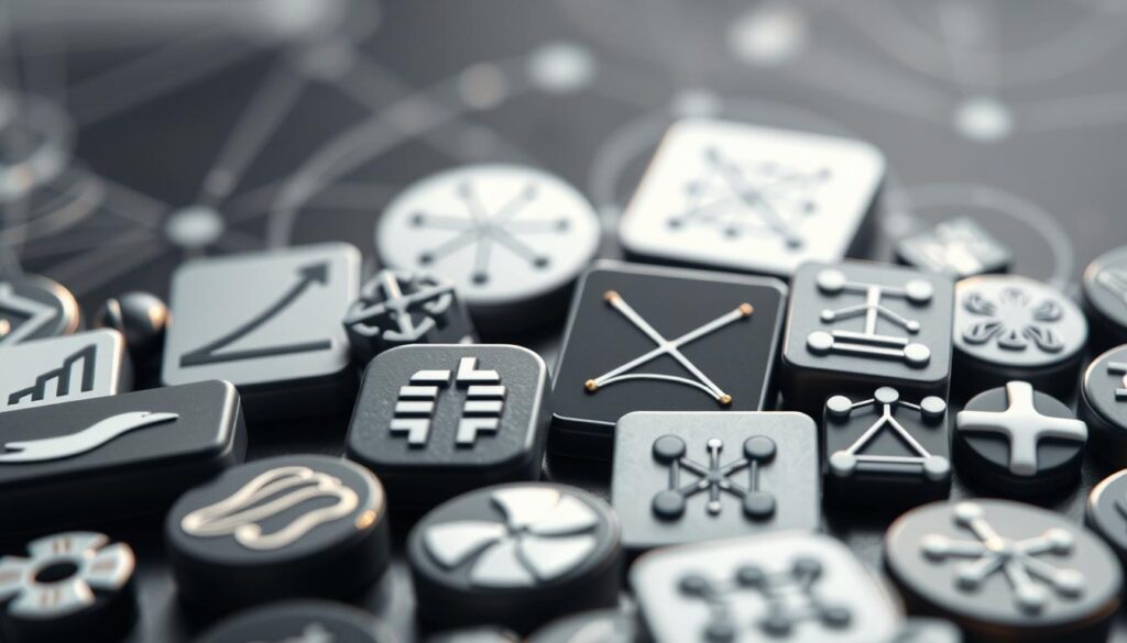 A close-up, high-resolution image of various machine learning concepts and techniques, depicted as stylized icons or illustrations. The foreground features sleek, minimalist icons representing common ML algorithms like linear regression, decision trees, neural networks, and clustering. The middle ground showcases more complex visualizations, such as a neural network diagram, a confusion matrix, and a decision tree structure. The background has a sophisticated, technical aesthetic with subtle gradients, geometric patterns, and a muted color palette that evokes a sense of scientific rigor and innovation. Crisp lighting from multiple angles highlights the dimensional details and creates a sense of depth. The overall composition conveys a comprehensive, yet accessible overview of fundamental machine learning types and their applications.