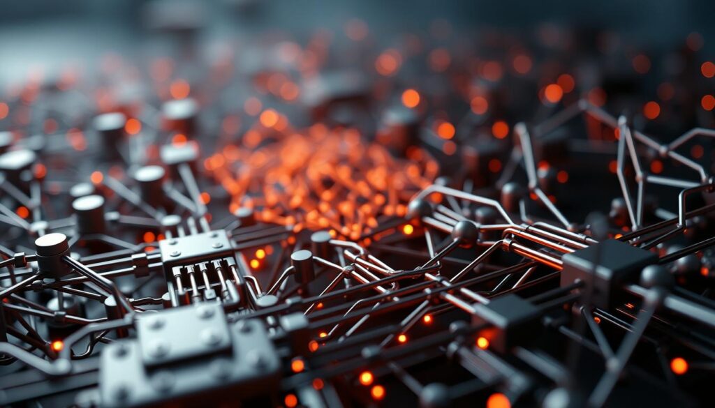 A close-up view of machine learning algorithms, depicted as intricate, interconnected circuits and neural networks. The foreground showcases various algorithmic components such as activation functions, pooling layers, and optimization techniques, all rendered in a sleek, metallic aesthetic with subtle glow effects. The middle ground features a dynamic display of data flows and information pathways, visually representing the iterative training process. The background subtly fades into a moody, atmospheric setting with a sense of depth, hinting at the complexity and abstract nature of these fundamental building blocks of artificial intelligence.