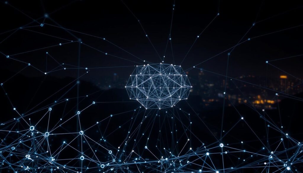 A complex neural network diagram depicting the intricate layers and connections of deep learning algorithms. The scene features a dark, moody atmosphere with a dramatic chiaroscuro lighting, creating a sense of depth and mystery. In the foreground, sleek, metallic nodes and interconnected pathways pulsate with an electric energy, conveying the powerful computational capabilities of these advanced AI systems. The middle ground showcases a nested array of sophisticated neural network architectures, with each layer seamlessly blending into the next, symbolizing the hierarchical and recursive nature of deep learning. In the background, a hazy, futuristic cityscape serves as a backdrop, hinting at the real-world applications and transformative potential of these groundbreaking technologies.
