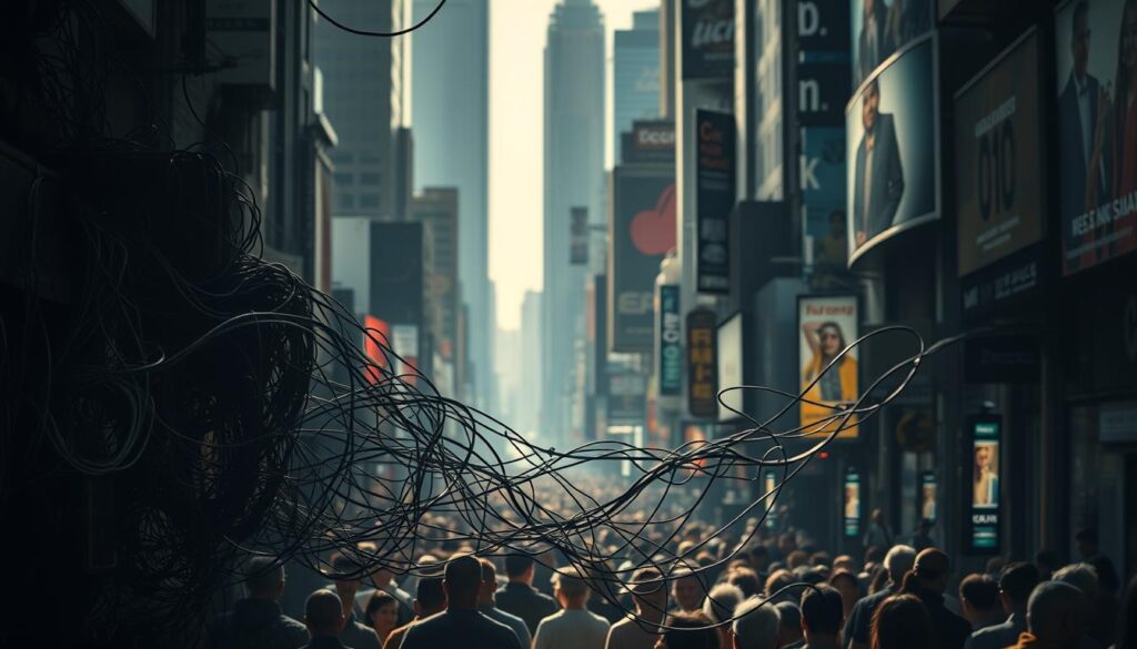 A crowded city street, bathed in a harsh, unnatural light that casts distorted shadows. In the foreground, a tangle of wires and circuitry, tangled and twisted, representing the complex web of algorithms that govern our daily lives. Towering above, faceless figures made of binary code, their expressions unreadable, symbolizing the detached, impersonal nature of automated decision-making. In the background, a blurred landscape of skyscrapers and billboards, hinting at the real-world impact of these biased systems on the lives of ordinary people. The overall mood is one of unease and uncertainty, a visual representation of the insidious threat of biased algorithms.