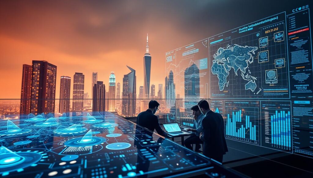 A data-driven landscape with a sleek, futuristic aesthetic. In the foreground, a holographic display showcases intricate data visualizations, pulsing with insights. In the middle ground, a team of analysts collaborate around a tactile control interface, manipulating streams of information. The background features a cityscape of towering skyscrapers, their windows reflecting the glow of computational power. Diffused lighting casts a warm, contemplative mood, while the camera angle conveys a sense of immersion in the world of big data analytics.