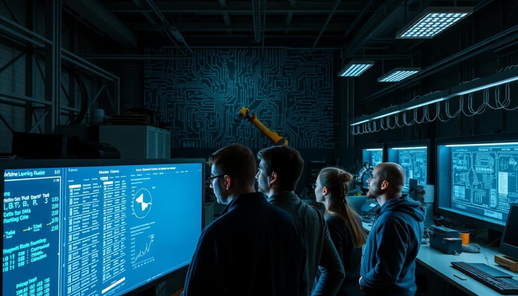 A dimly lit, industrial-style workshop filled with various machines, tools, and computer hardware. In the foreground, a group of engineers and data scientists intently studying a large digital display, their faces illuminated by the soft glow of the screen. In the middle ground, rows of server racks and robotic arms moving with precision, symbolizing the computational power and automation that powers machine learning algorithms. The background features a wall of interconnected circuit boards and wire diagrams, hinting at the complex mathematical foundations underlying these powerful techniques. The scene conveys a sense of focused research, technological innovation, and the real-world applications of machine learning at work.