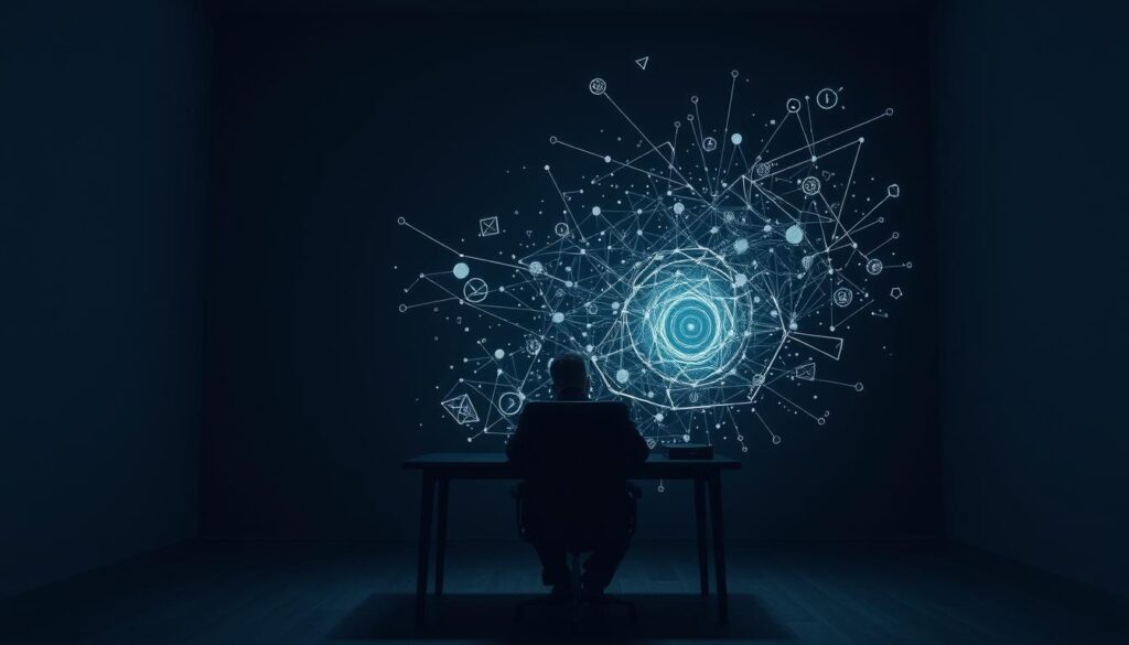 A dimly lit, minimalist office scene with a desk and chair, conveying a sense of thoughtful contemplation. In the foreground, a human figure sits, their head bowed, deep in consideration of the ethical implications of artificial intelligence. Surrounding them, a swirling cloud of data, circuits, and abstract geometric shapes, hinting at the complex and interconnected nature of AI technology. The lighting is soft and subdued, creating an atmosphere of quiet introspection. The overall tone is one of thoughtful examination, reflecting the careful and measured approach necessary when grappling with the ethical challenges posed by the advancement of AI.