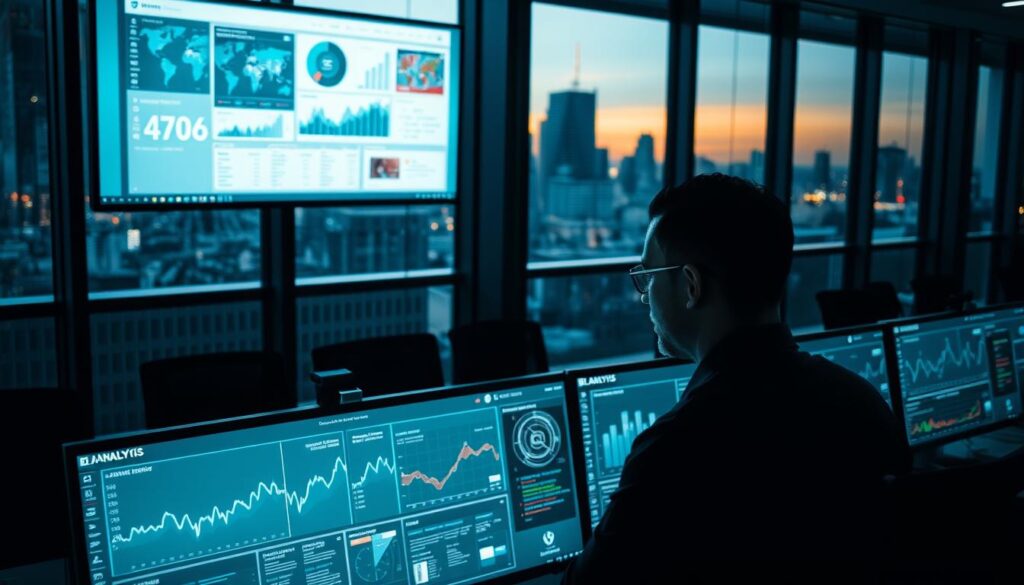 A dimly lit, modern office setting with a large, sleek data visualization dashboard displayed on multiple high-resolution monitors. In the foreground, a data analyst intently examines the dashboard, their face illuminated by the soft glow of the screens. The middle ground features an array of advanced AI-powered analytics tools and software packages, their logos and interfaces visible. In the background, a cityscape is visible through floor-to-ceiling windows, hinting at the real-world applications and impact of the data analysis work being conducted. The scene conveys a sense of focus, innovation, and the transformative power of AI-driven data insights.