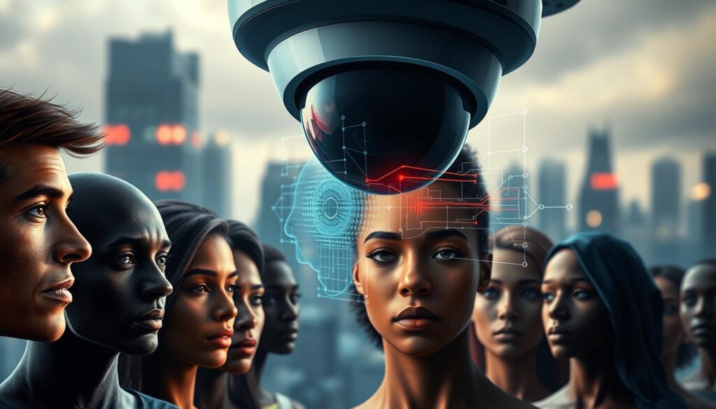 A hyper-realistic digital illustration depicting the issue of AI bias in facial recognition technology. In the foreground, a diverse group of human faces are shown, some recognized and others ignored by a sophisticated facial recognition system. The system's camera lens is prominently featured, casting an ominous shadow over the subjects. The middle ground showcases a large, disembodied AI algorithm visually dissecting the facial features, highlighting areas of bias and discrimination. The background is a blurred, dystopian cityscape, hinting at the widespread societal implications of this technological challenge. The lighting is moody and dramatic, emphasizing the gravity of the issue. The overall tone conveys a sense of unease, underscoring the need to address AI bias in modern technology.