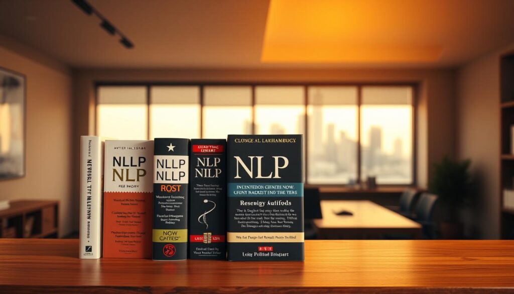 A neatly arranged display of five NLP books on a wooden bookshelf, bathed in warm, diffused lighting. The books are prominent in the foreground, their spines featuring titles and author names in a clean, legible font. Behind the books, the middle ground showcases a minimalist, modern office setting with a large window overlooking a city skyline in the distance. The overall mood is one of focused contemplation, inviting the viewer to explore the wealth of knowledge contained within these influential NLP texts.