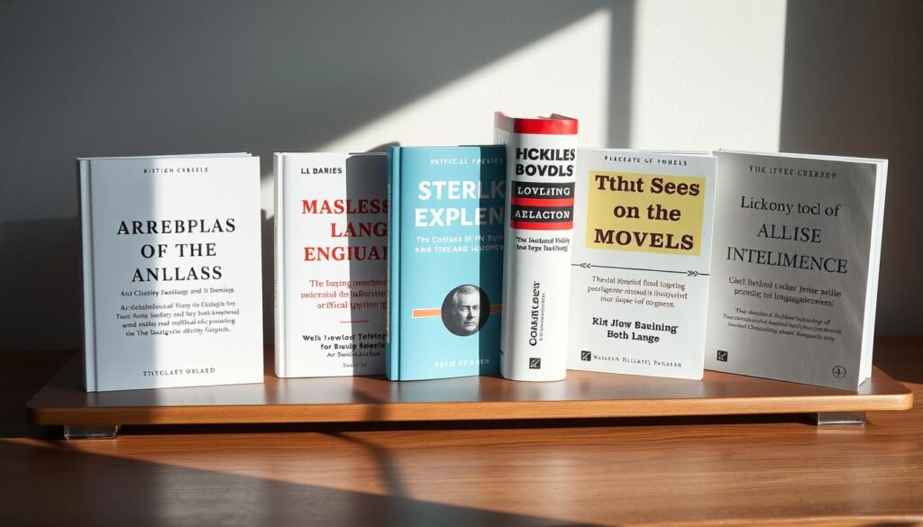 A neatly arranged display of five hardcover books on a sleek, minimalist wooden desk. The books have crisp, clean covers showcasing titles and authors related to large language models (LLMs) and artificial intelligence. Soft, directional lighting from the side casts subtle shadows, emphasizing the textures and details of the books. The scene is captured from a slightly elevated, three-quarter angle, providing a visually appealing, professional-looking composition. The overall mood is one of authority, expertise, and the promise of cutting-edge insights on the transformative power of LLM AI technology.