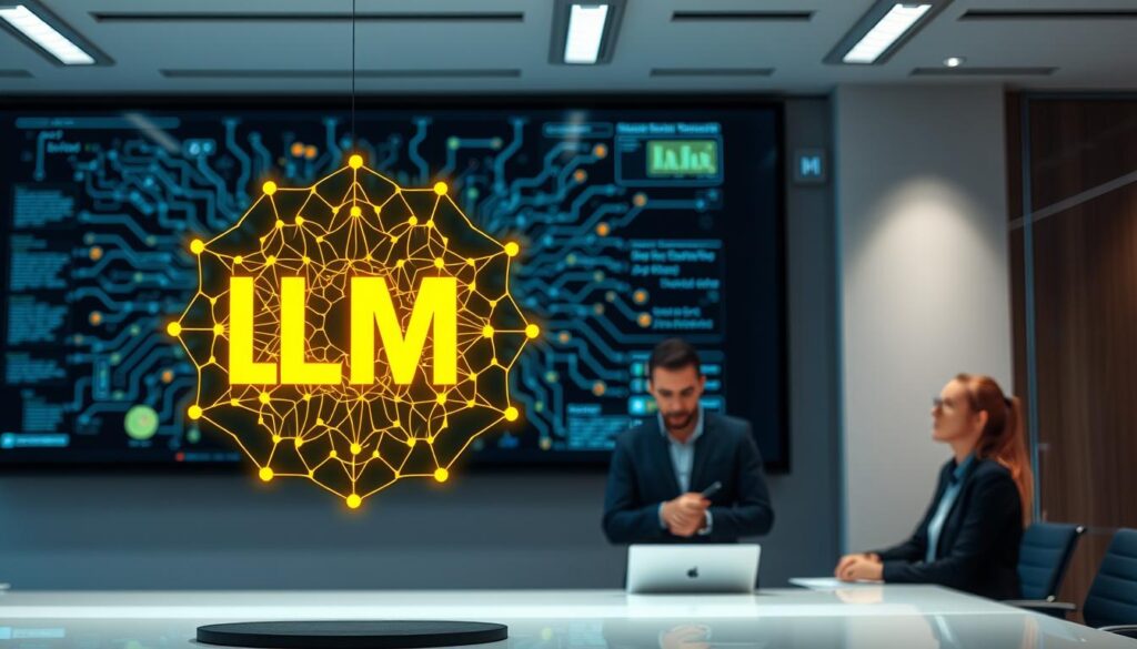 A sleek and modern office setting, with a large display screen showcasing a complex artificial intelligence diagram. In the foreground, a stylized LLM (Large Language Model) symbol hovers, its intricate neural network patterns glowing with vibrant, energetic colors. The middle ground features a team of data scientists and engineers, deeply engaged in discussion, their expressions focused and determined. The background is bathed in a soft, diffused lighting, creating a sense of depth and sophistication. The overall scene conveys the power and potential of LLM AI implementation, harnessing cutting-edge technology to drive innovative solutions.