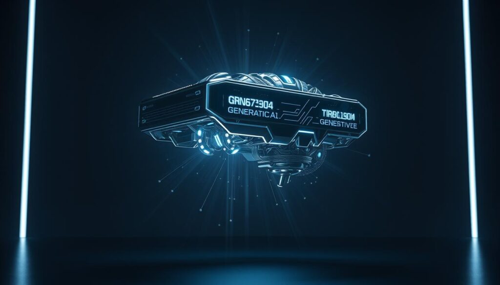 A sleek, chrome-accented artificial intelligence system, its core components shimmering with intricate circuitry and glowing energy fields. The system levitates above a dimly lit, minimalist background, casting an otherworldly glow. Rays of light and subtle holograms emanate from the device, symbolizing the generative capabilities of this advanced AI technology. The scene conveys a sense of futuristic wonder and the transformative power of generative AI, ready to shape the world in innovative ways.