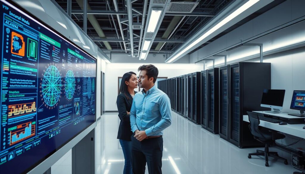 A sleek, futuristic laboratory setting with state-of-the-art natural language processing hardware and software. In the foreground, a high-resolution display showcases dynamic visualizations of language models, neural networks, and text analysis algorithms. The middle ground features engineers and researchers intently studying the data, their expressions reflecting deep contemplation. In the background, rows of powerful workstations and server racks hum with the processing power required to drive these revolutionary NLP technologies. Soft, directional lighting casts an aura of scientific innovation, while the clean, minimalist design evokes a sense of cutting-edge progress in the field of natural language understanding.
