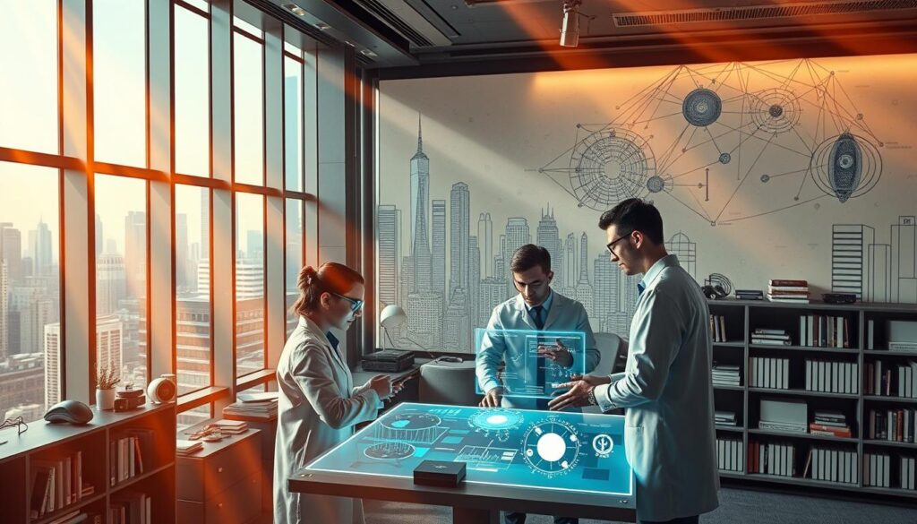 A sleek, futuristic office interior with large windows overlooking a bustling city skyline. In the foreground, a team of data scientists and engineers collaborate around a holographic display, analyzing complex NLP algorithms and visualizations. Rays of warm, directional lighting illuminate the scene, creating a sense of focus and productivity. In the middle ground, shelves filled with books, gadgets, and cutting-edge hardware allude to the technological prowess of the company. The background features a stylized mural depicting the interconnected nature of language, data, and technology, hinting at the transformative power of NLP. The overall mood is one of innovation, progress, and the seamless integration of human and artificial intelligence.