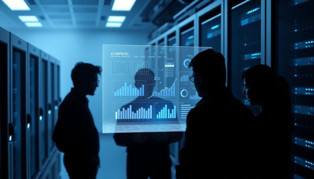 A sleek, minimalist data center with rows of high-performance servers and glowing blue indicator lights. In the foreground, a holographic display hovers, showcasing dynamic charts, graphs, and insights derived from complex datasets. Shadowy silhouettes of data analysts and AI engineers huddle around the projection, their faces illuminated by the soft glow. The background is hazy, with a sense of depth and scale, conveying the vast scope of AI-driven data analysis. Crisp, cool lighting casts long shadows, creating a sense of depth and techno-futuristic ambiance. The overall impression is one of power, precision, and the seamless integration of human expertise and artificial intelligence.