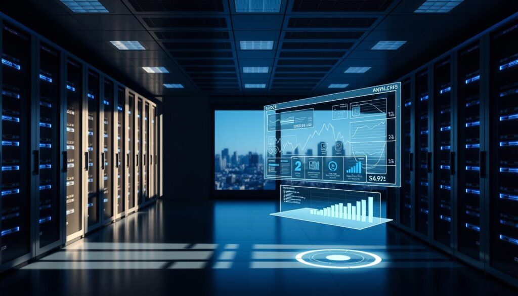 A sleek, minimalist data center with rows of high-performance servers and sleek, blue-lit racks. In the foreground, a holographic display hovers, showcasing intricate data visualizations and AI-powered analytics dashboards. The lighting is cool and sophisticated, casting dramatic shadows that accentuate the clean lines and state-of-the-art technology. In the background, a panoramic window offers a glimpse of a futuristic cityscape, hinting at the broader context of this advanced data analysis ecosystem. The mood is one of precision, innovation, and the seamless integration of artificial intelligence with data-driven insights.