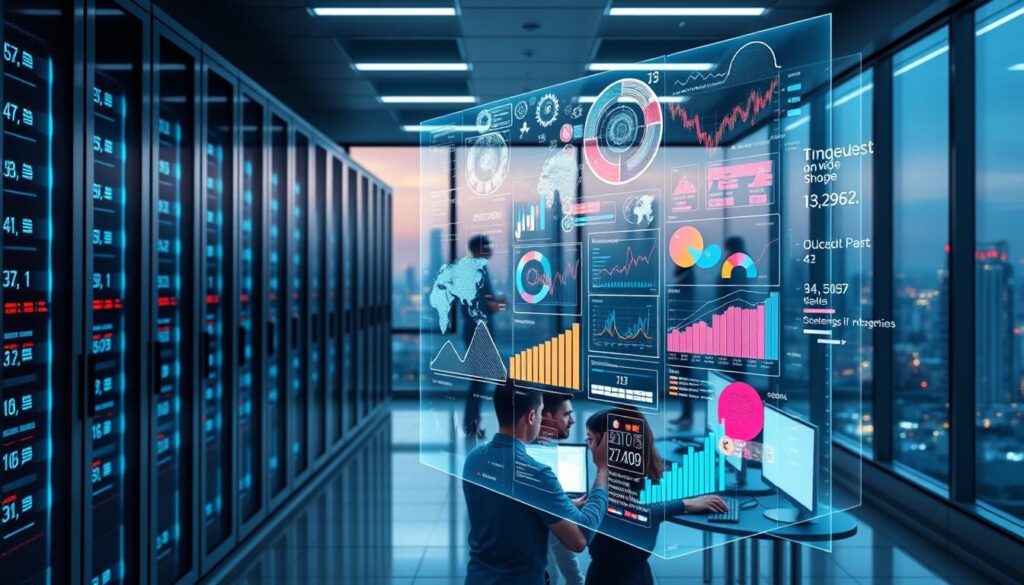 A sleek, minimalist data center with towering server racks bathed in a cool, blue-tinted LED lighting. In the foreground, a holographic display projects intricate data visualizations - vibrant graphs, charts, and dynamic infographics that seemingly dance and shift in response to unseen AI algorithms. The middle ground features a team of data analysts, their faces illuminated by the glow of their workstations as they study the holographic data, their expressions intense with focus. In the background, a massive window offers a breathtaking cityscape, underscoring the transformative power of AI-driven data analysis to unlock insights that shape the modern world.