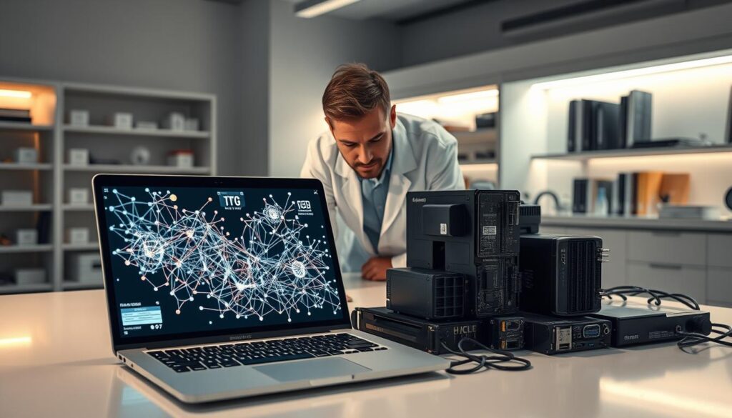 A sleek, minimalist laboratory setting, bathed in soft, indirect lighting that casts a warm, contemplative glow. In the foreground, a state-of-the-art laptop displays a visualization of neural network architectures, their intricate connections pulsing with energy. Surrounding it, an array of cutting-edge hardware components - GPUs, TPUs, and specialized chips - arranged in a visually captivating layout. In the middle ground, a scientist in a crisp, white lab coat leans in, deeply immersed in the data displayed on the screen, their expression one of intense focus and curiosity. In the background, a series of shelves hold reference books, research papers, and other tools of the trade, hinting at the depth of knowledge and expertise required to master the fascinating world of machine learning.