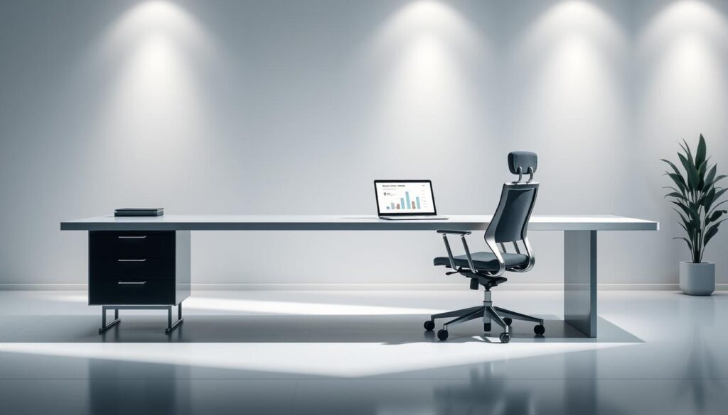 A sleek, minimalist office setting with a large, modern desk and ergonomic chair. On the desk, a laptop and a stylized graph or visualization depicting AI bias detection insights. Soft, directional lighting illuminates the scene, creating a sense of focus and clarity. In the background, a subtle geometric wall pattern or minimalist artwork, hinting at the technological and analytical nature of the subject matter. The overall mood is one of professionalism, innovation, and the thoughtful exploration of AI bias.