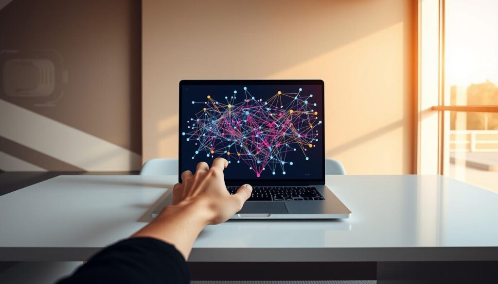 A sleek, minimalist office setting with a large, modern desk at the center. On the desk, a laptop displays a complex algorithm visualized as a dynamic, colorful network of interconnected nodes and lines. In the foreground, a human hand interacts with the laptop, manipulating the generative AI interface. Soft, directional lighting from a large window casts warm, natural tones across the scene. The background features abstract, geometric shapes and gradients, hinting at the computational power and potential of generative AI. The overall mood is one of innovation, exploration, and the seamless integration of human and machine intelligence.