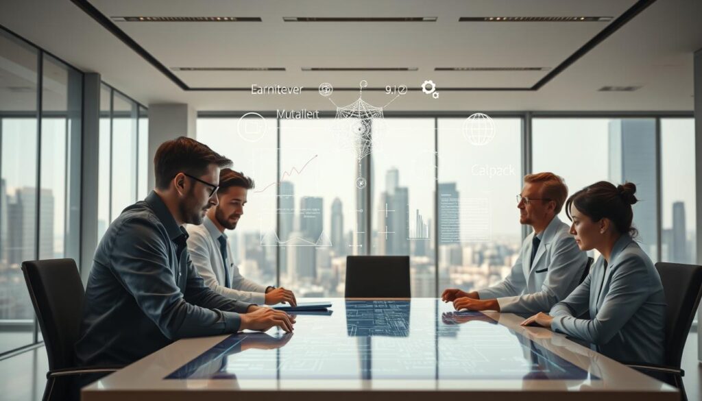 A sleek, minimalist office setting with a large touchscreen display showcasing various machine learning applications. The foreground features a team of data scientists and engineers collaborating, their expressions focused and intent. The middle ground depicts elegant data visualizations, neural network diagrams, and algorithm simulations floating holographically above the desk. The background is filled with a cityscape of modern, glass-paneled skyscrapers, conveying the scale and impact of these technologies. Soft, directional lighting from large windows casts a warm, productive glow over the scene. The overall mood is one of innovation, discovery, and the seamless integration of machine learning into our daily lives.