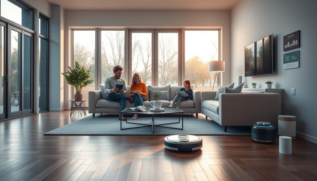 A sleek, minimalist smart home interior with floor-to-ceiling windows, bathed in warm, natural lighting. In the foreground, a family gathers around a coffee table, interacting with various AI-powered devices - a voice assistant, a smart thermostat, and a tablet controlling home appliances. In the middle ground, a robotic vacuum cleaner glides silently across the hardwood floors. The background features elegant, unobtrusive smart home sensors and displays seamlessly integrated into the decor. An atmosphere of comfort, convenience, and technological harmony pervades the scene.