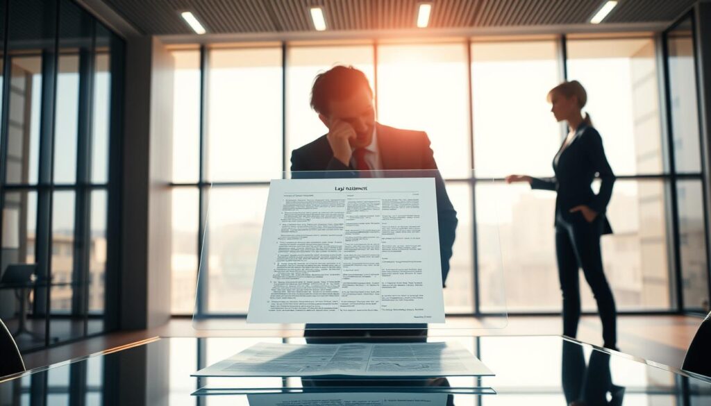 A sleek, modern law office with floor-to-ceiling windows, bathed in warm, natural lighting. In the foreground, a holographic display hovers over a glass table, showcasing a complex legal document. Two business-attired professionals, their faces obscured, lean in to examine the document, their expressions thoughtful. In the background, a state-of-the-art AI assistant stands ready, its interface glowing softly. The scene conveys a sense of innovation, efficiency, and the seamless integration of artificial intelligence into the legal sector.