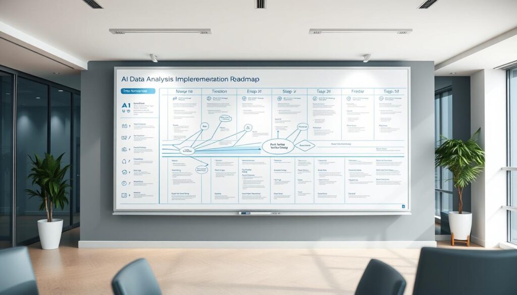 A sleek, modern office setting with a large whiteboard displaying an intricate AI data analysis implementation roadmap. The roadmap features interconnected steps, milestones, and timelines, depicted with clean vector graphics and a minimalist color palette of blues, grays, and whites. The lighting is bright and directional, creating crisp shadows and highlighting the details of the roadmap. The camera angle is slightly elevated, giving a bird's-eye view of the scene, emphasizing the comprehensive nature of the plan. The overall atmosphere conveys a sense of strategic planning, technological sophistication, and organizational efficiency.