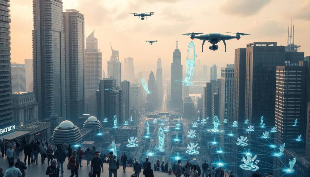 A sprawling cityscape bathed in a soft, ethereal glow, where towering skyscrapers seamlessly integrate cutting-edge AI technologies. In the foreground, a sleek, humanoid robot effortlessly navigates through a bustling crowd, its movements fluid and precise. Hovering above the cityscape, autonomous drones equipped with sophisticated sensors scan the environment, gathering and processing vast amounts of data. In the middle ground, a network of interconnected devices and IoT (Internet of Things) sensors pulsate with a rhythmic, almost organic, energy, visualizing the invisible flows of information that power the smart city. The background is dominated by a stunning display of holographic projections, showcasing the latest advancements in AI-driven visualization and simulation technologies. The overall scene conveys a sense of awe-inspiring progress, seamlessly blending the physical and digital realms to create a vision of the future where AI is the driving force behind innovation and transformation.