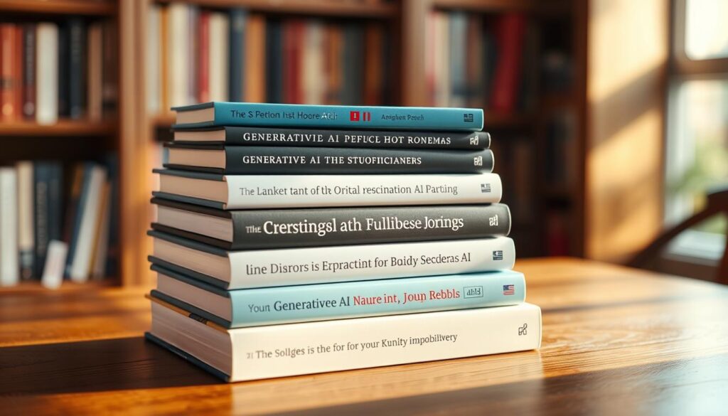 A stack of 5 hardcover books arranged on a wooden table, bathed in warm, directional lighting. The books have minimalist, modern covers in shades of blue, gray, and black, with bold typography and subtle graphic elements. The table is set against a blurred, out-of-focus backdrop of bookshelves, creating a cozy, study-like atmosphere. The arrangement conveys a sense of authority and expertise on the topic of Generative AI, drawing the viewer's attention to the titles and authors. The overall mood is one of contemplation and intellectual engagement.