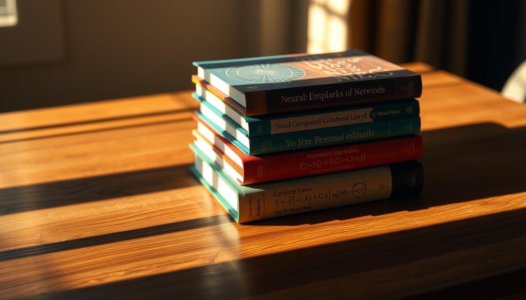 A stack of five hardcover books on a wooden table, casting soft shadows. The books have vibrant, tactile covers depicting neural network diagrams, mathematical equations, and computer vision illustrations. The lighting is warm and diffused, creating a contemplative, academic atmosphere. The camera angle is slightly elevated, providing a visually compelling perspective of the arrangement. The background is slightly blurred, keeping the focus on the central book stack.