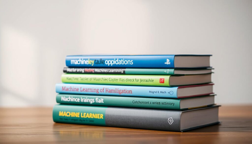 A stack of five hardcover books on machine learning, arranged neatly on a wooden desk. The books have vibrant, eye-catching covers in shades of blue, green, and gray, with titles and author names prominently displayed. The lighting is soft and diffused, creating subtle shadows that add depth and dimension to the scene. The background is blurred, allowing the books to be the central focus, drawing the viewer's attention to the subject matter. The overall mood is one of educational focus and intellectual engagement, reflecting the topic of the article section.