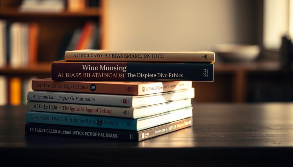 A stack of hardcover books on a dark wooden table, their spines featuring titles related to AI bias and ethics. The books are illuminated by a soft, warm light, casting subtle shadows and highlights that accentuate their textures and colors. The background is blurred, creating a sense of depth and focus on the books. The composition is balanced and aesthetically pleasing, with the books arranged in an visually interesting way. The overall mood is contemplative and intellectual, reflecting the serious subject matter.