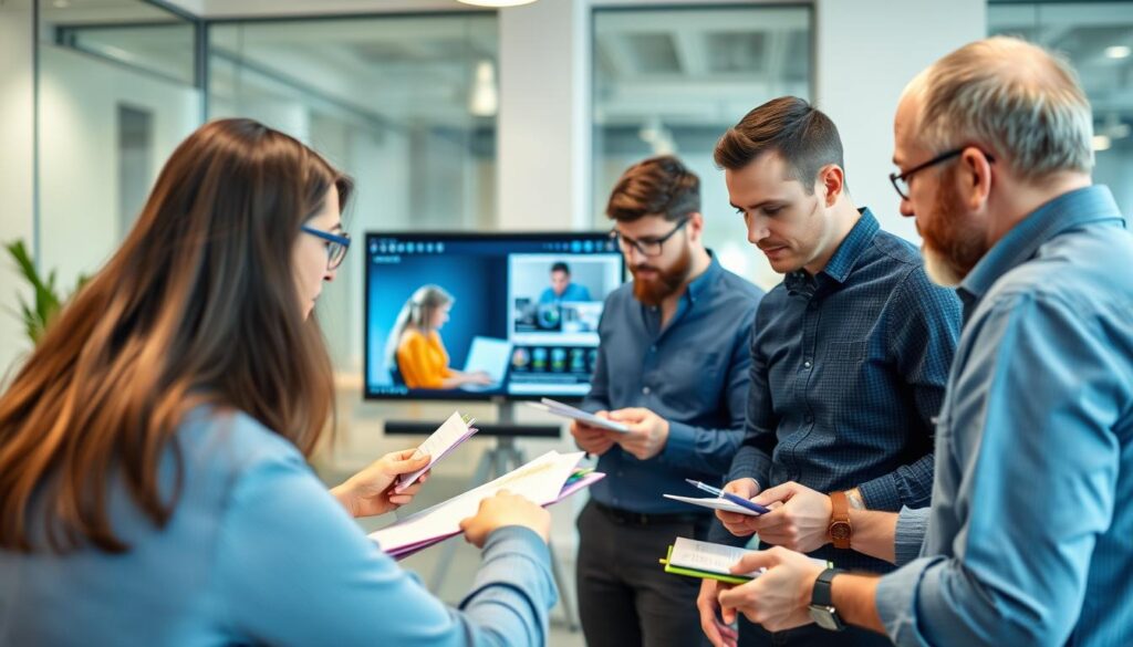 A team reviewing user feedback during the testing phase of a Design Sprint methodology session