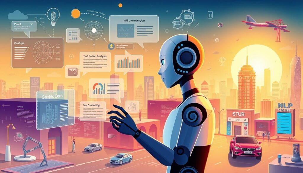 A vibrant and dynamic illustration of various NLP applications. In the foreground, a sleek humanoid AI agent interacts with a natural language interface, showcasing speech recognition, sentiment analysis, and language generation. In the middle ground, abstract data visualizations and knowledge graphs depict NLP's role in text summarization, topic modeling, and information extraction. The background features a cityscape with autonomous vehicles, smart home devices, and other IoT applications powered by NLP for natural language understanding and generation. The scene is illuminated by a warm, directional light, creating a sense of technological progress and innovation. The overall mood is one of excitement and wonder at the transformative potential of natural language processing.