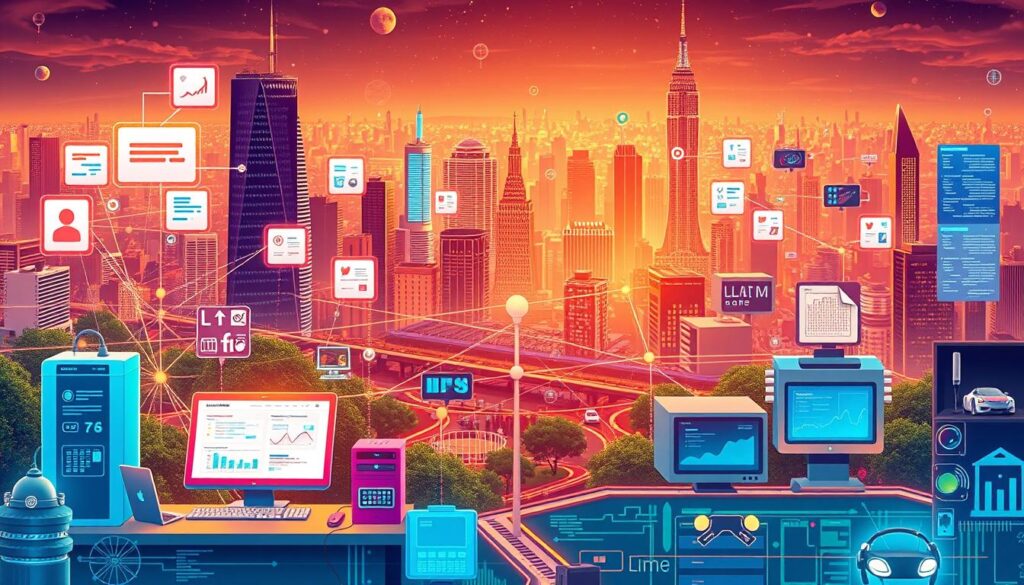 A vibrant, realistic digital illustration depicting real-world applications of large language model AI. In the foreground, a diverse array of intelligent systems and interfaces - a virtual assistant, a language translation app, a code generation tool, and a data analysis dashboard. In the middle ground, a network of interconnected nodes and data flows, representing the underlying LLM infrastructure. In the background, a cityscape with skyscrapers, autonomous vehicles, and smart home devices, showcasing the pervasive integration of LLM AI across industries. The scene is illuminated by a warm, diffused lighting, creating a sense of technological sophistication and human-centered innovation.