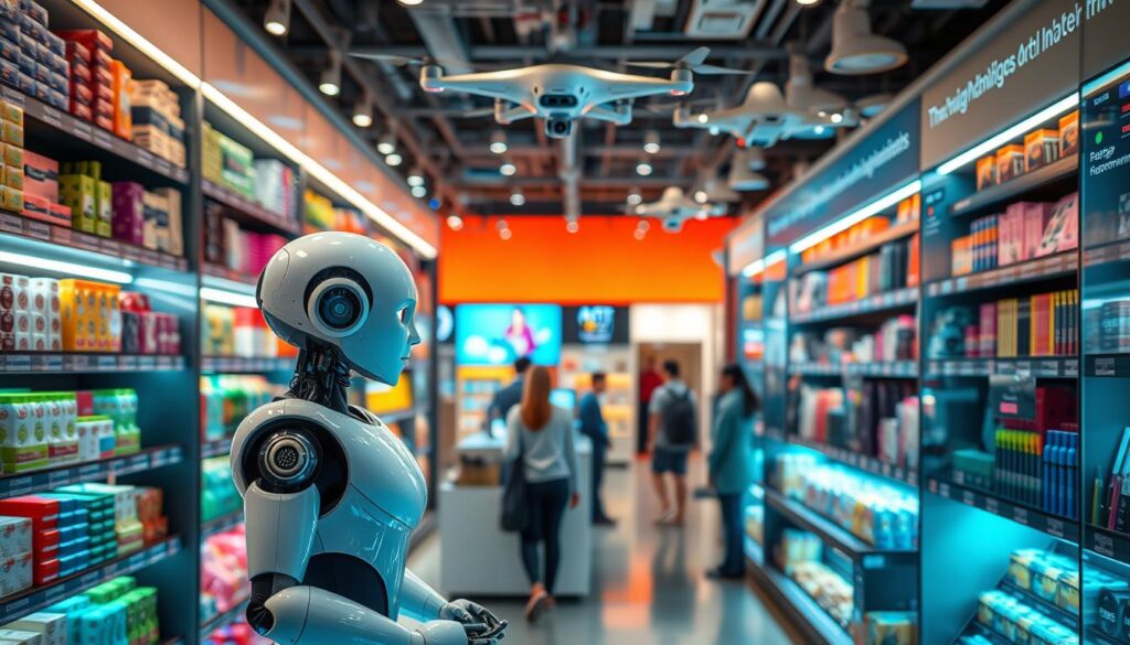 A vibrant retail environment, illuminated by the glow of intelligent systems. In the foreground, a sleek humanoid robot gracefully interacts with a customer, its facial expressions conveying a natural, empathetic demeanor. Surrounding them, shelves brimming with diverse products, each meticulously curated by AI-driven inventory management. In the middle ground, touchscreen displays showcase personalized recommendations, seamlessly adapting to the shopper's preferences. The background reveals a tapestry of interconnected technologies - from autonomous drones gliding overhead to intelligent surveillance cameras monitoring foot traffic, all working in harmony to optimize the retail experience. The scene exudes a sense of innovation, efficiency, and a future where AI and humans coexist harmoniously to revolutionize the way we shop.