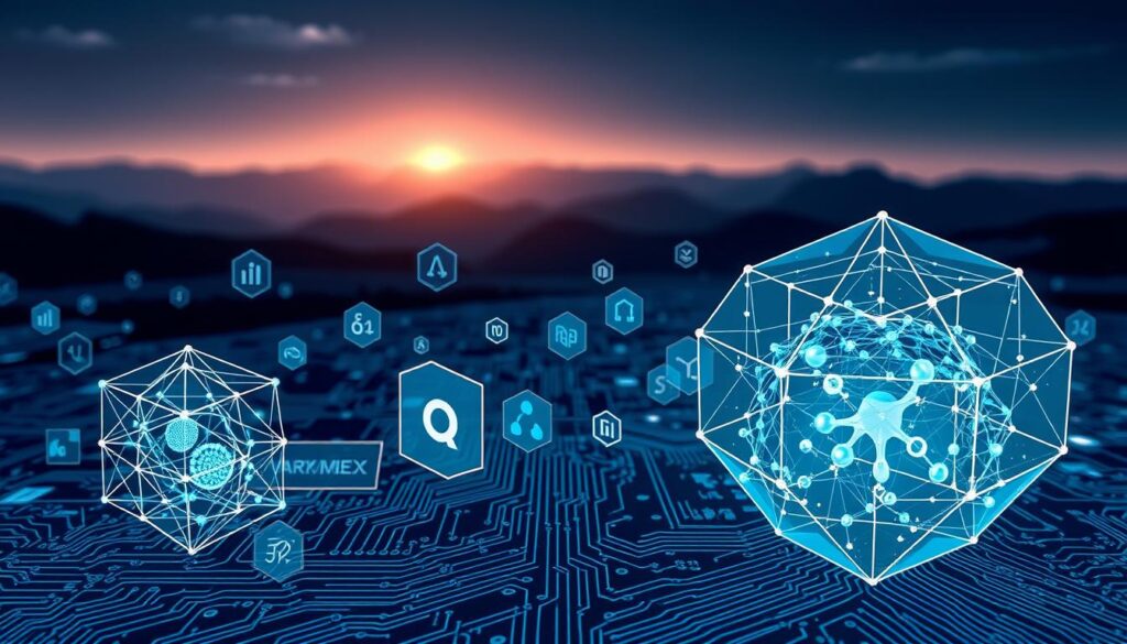 A visually striking blueprint of popular machine learning algorithms, captured in a sleek, technical illustration. In the foreground, key ML models such as neural networks, decision trees, and support vector machines are depicted as intricately detailed, three-dimensional geometric shapes, their inner workings revealed through transparent sections. The middle ground showcases algorithm icons and symbols floating against a backdrop of circuit board patterns and data visualizations. In the distant background, a dimly lit computational landscape stretches out, hinting at the vast potential of these powerful techniques. The overall mood is one of analytical precision, technological sophistication, and the boundless possibilities of machine intelligence.