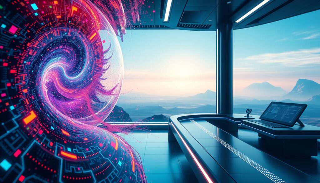 A visually stunning, cinematic scene of generative AI in action. In the foreground, a swirling vortex of digital energy and vibrant, ever-changing shapes, hinting at the dynamic and transformative nature of this technology. In the middle ground, a sleek, futuristic interface with glowing displays and sophisticated controls, signifying the sophisticated capabilities of generative AI. In the background, a backdrop of a vast, otherworldly landscape, bathed in a soft, ethereal light, conveying a sense of the boundless potential and the revolutionary impact of this technology. The overall mood is one of awe, wonder, and a glimpse into a future transformed by the incredible power of generative AI.